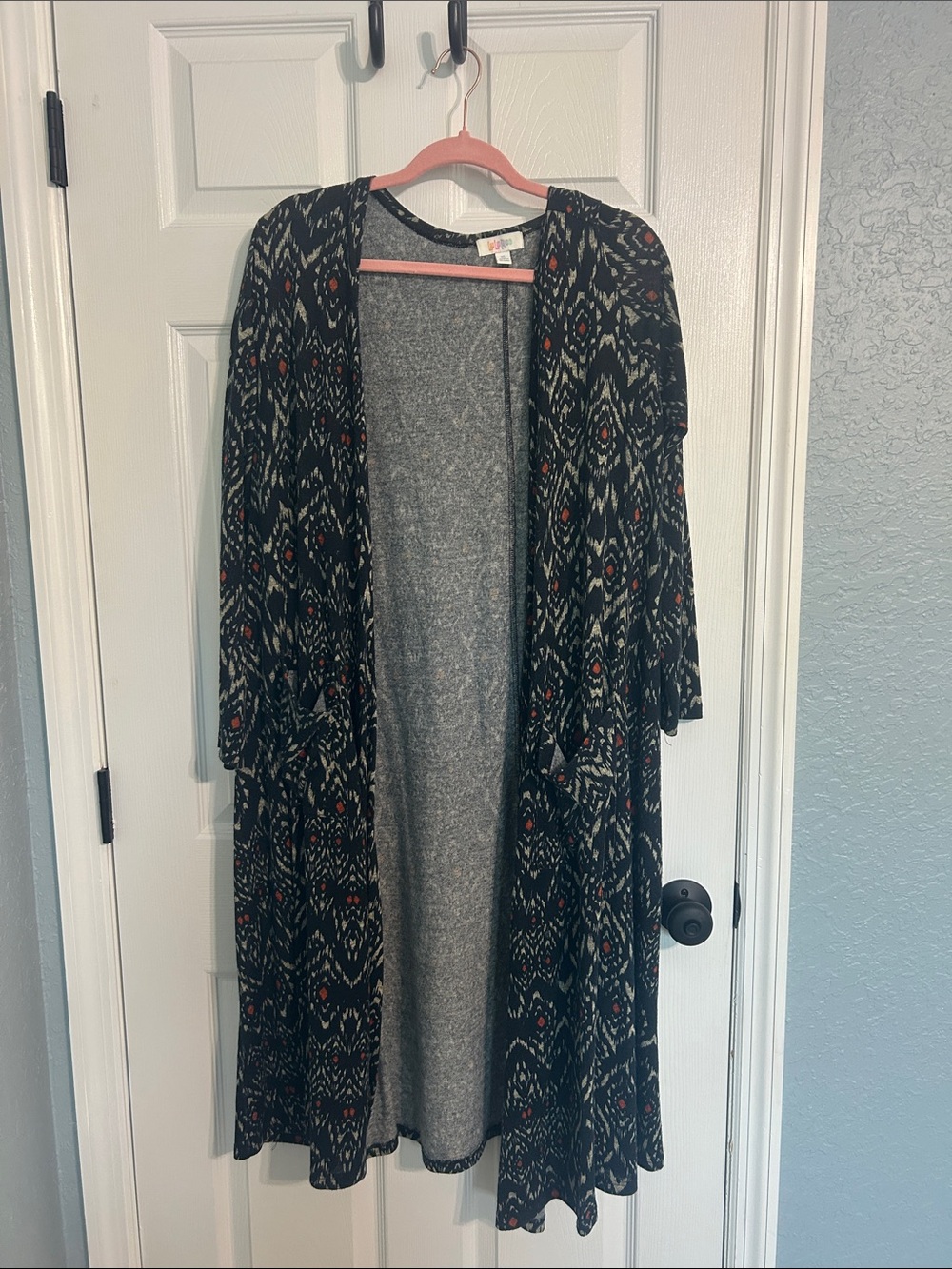 LuLaRoe Navy, Orange, and Gray Open-Front Patterned Duster Cardigan with pockets